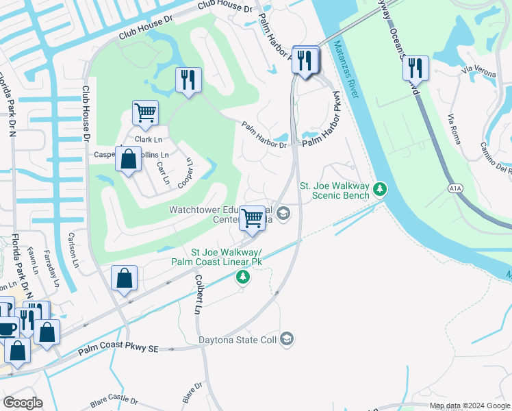 map of restaurants, bars, coffee shops, grocery stores, and more near 30 Fairways Circle in Palm Coast