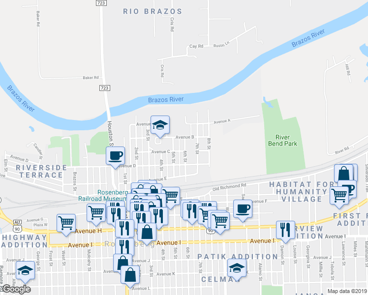 map of restaurants, bars, coffee shops, grocery stores, and more near 2308 Avenue B in Rosenberg