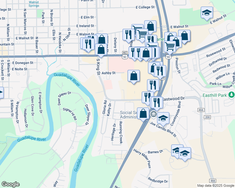 map of restaurants, bars, coffee shops, grocery stores, and more near 421 South King Street in Seguin