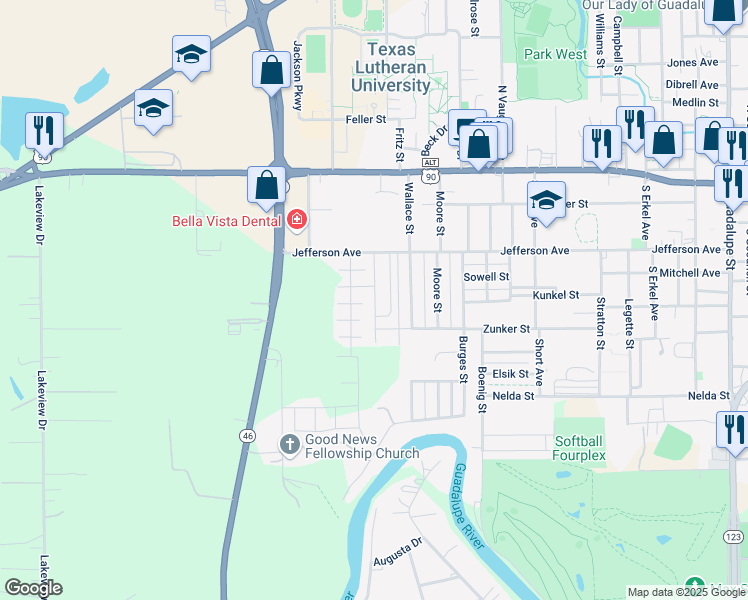 map of restaurants, bars, coffee shops, grocery stores, and more near 1239 Jefferson Avenue in Seguin
