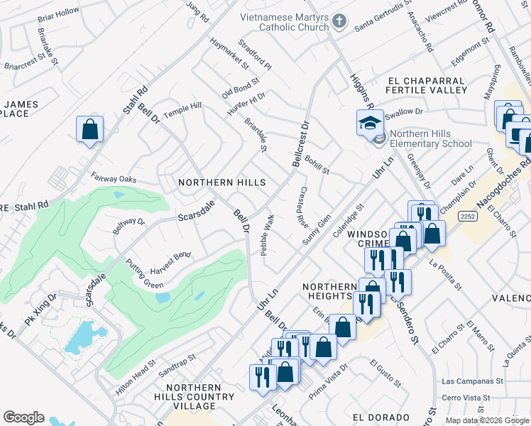 map of restaurants, bars, coffee shops, grocery stores, and more near 4602 Cobble Crest Street in San Antonio