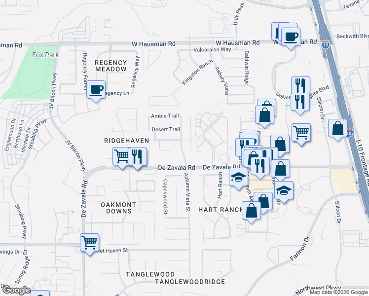 map of restaurants, bars, coffee shops, grocery stores, and more near 12426 Valle Dezavala in San Antonio