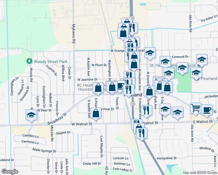 map of restaurants, bars, coffee shops, grocery stores, and more near 2313 North Washington Avenue in Pearland