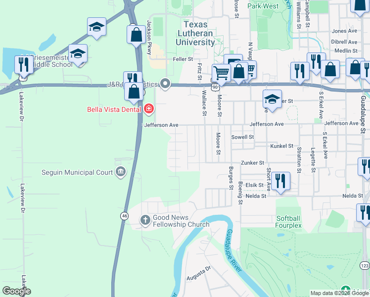 map of restaurants, bars, coffee shops, grocery stores, and more near 1239 Jefferson Avenue in Seguin
