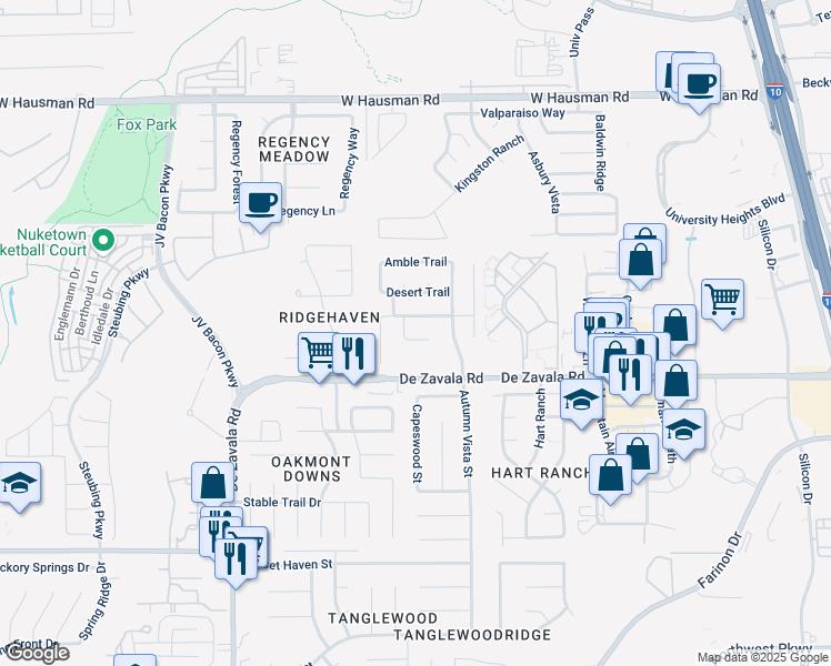 map of restaurants, bars, coffee shops, grocery stores, and more near 12431 Paige Trail in San Antonio