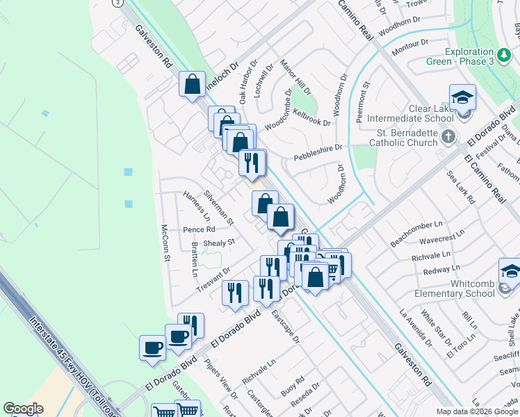 map of restaurants, bars, coffee shops, grocery stores, and more near 15240 Galveston Road in Webster