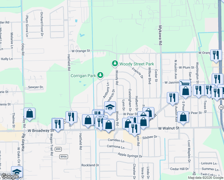 map of restaurants, bars, coffee shops, grocery stores, and more near 2302 Lynn Drive in Pearland