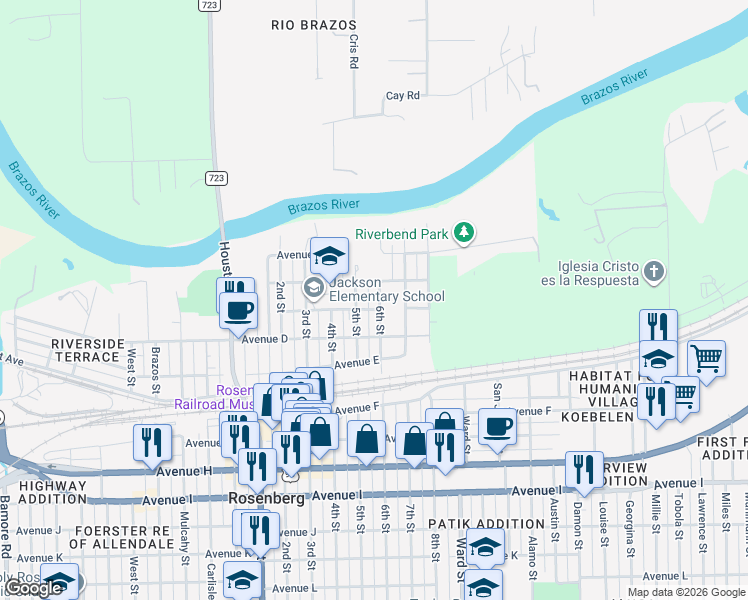 map of restaurants, bars, coffee shops, grocery stores, and more near 2308 Avenue B in Rosenberg