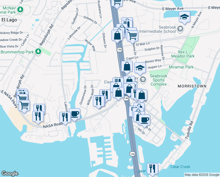 map of restaurants, bars, coffee shops, grocery stores, and more near 2119 3rd Street in Seabrook