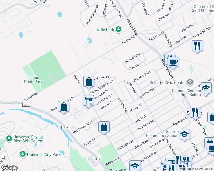 map of restaurants, bars, coffee shops, grocery stores, and more near 336 Spring Meadow Lane in Schertz