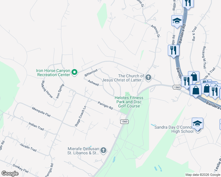 map of restaurants, bars, coffee shops, grocery stores, and more near 13047 Wild Heart in Helotes