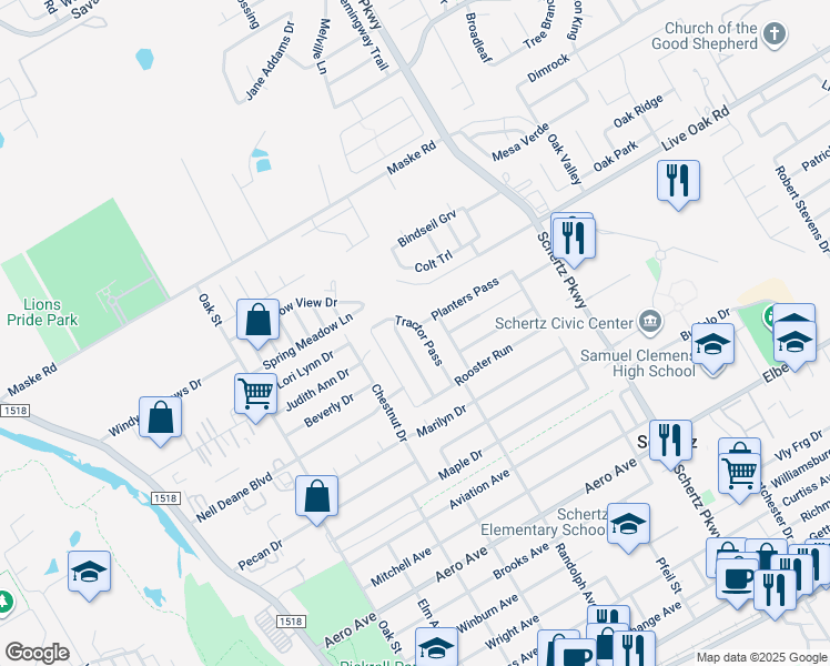 map of restaurants, bars, coffee shops, grocery stores, and more near 1360 Tractor Pass in Schertz