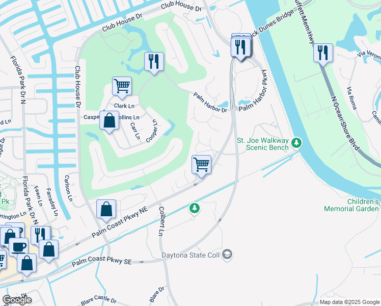 map of restaurants, bars, coffee shops, grocery stores, and more near 2 Greenbriar Court in Palm Coast