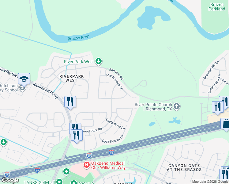 map of restaurants, bars, coffee shops, grocery stores, and more near 21913 Wildwood Park Road in Richmond