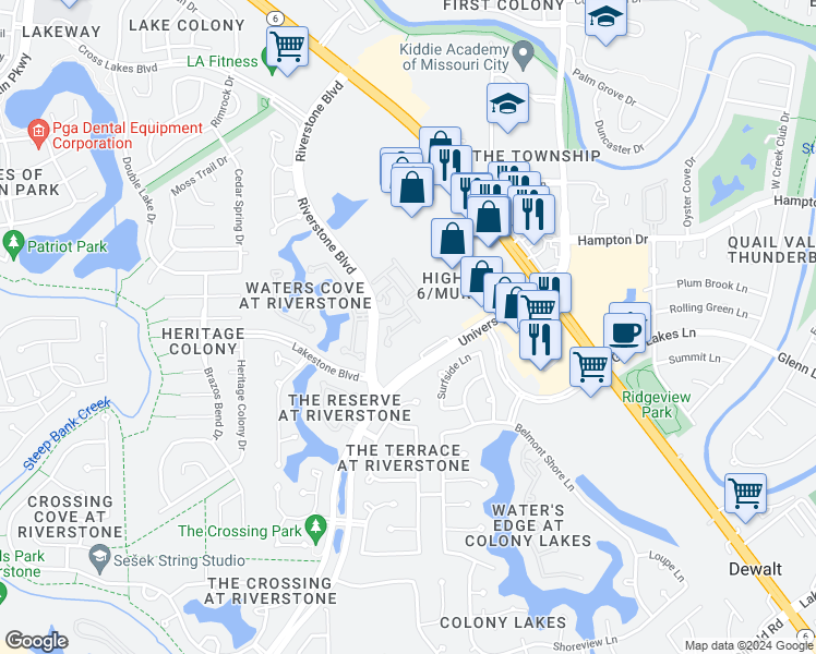 map of restaurants, bars, coffee shops, grocery stores, and more near 4311 Lake Walk Court in Missouri City