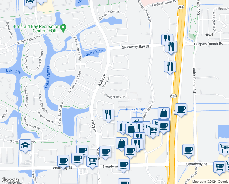 map of restaurants, bars, coffee shops, grocery stores, and more near 11320 Sailwing Creek Court in Pearland