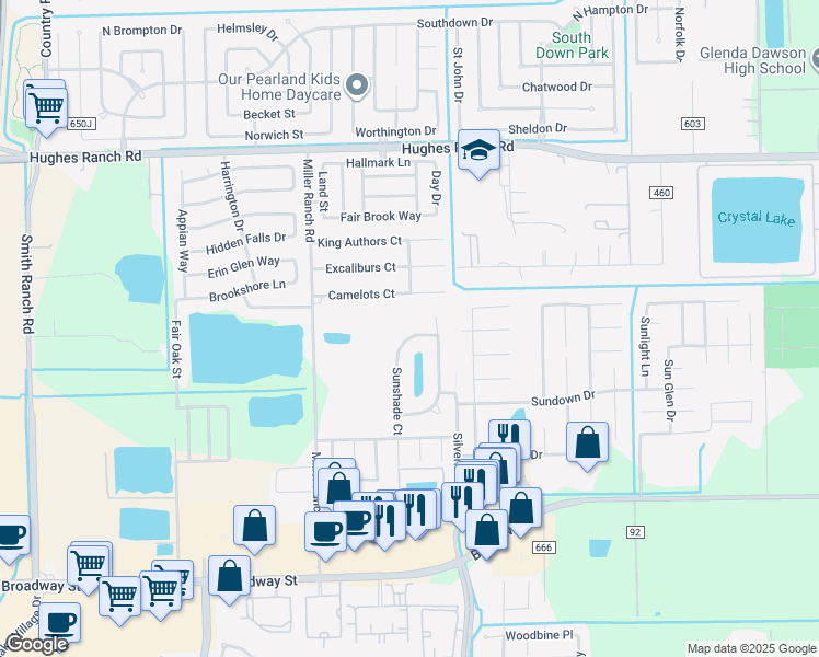 map of restaurants, bars, coffee shops, grocery stores, and more near 9613 Live Creek Lane in Pearland