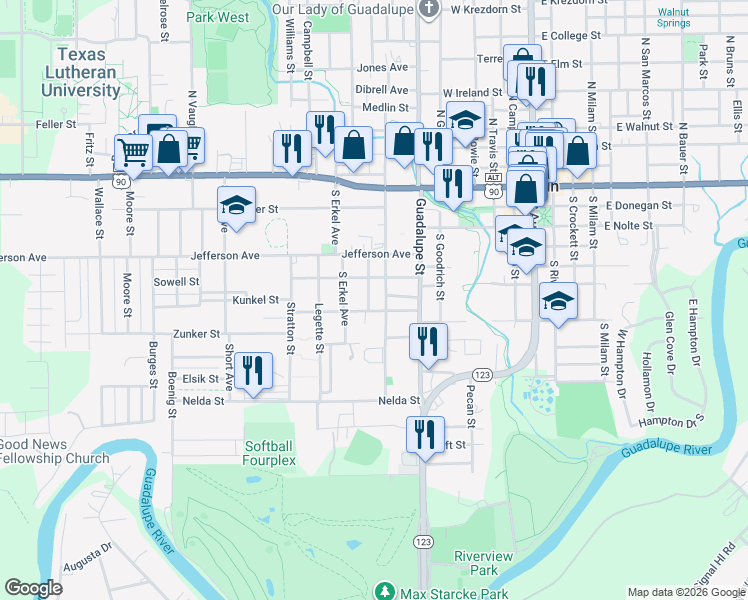 map of restaurants, bars, coffee shops, grocery stores, and more near 614 South Saunders Street in Seguin