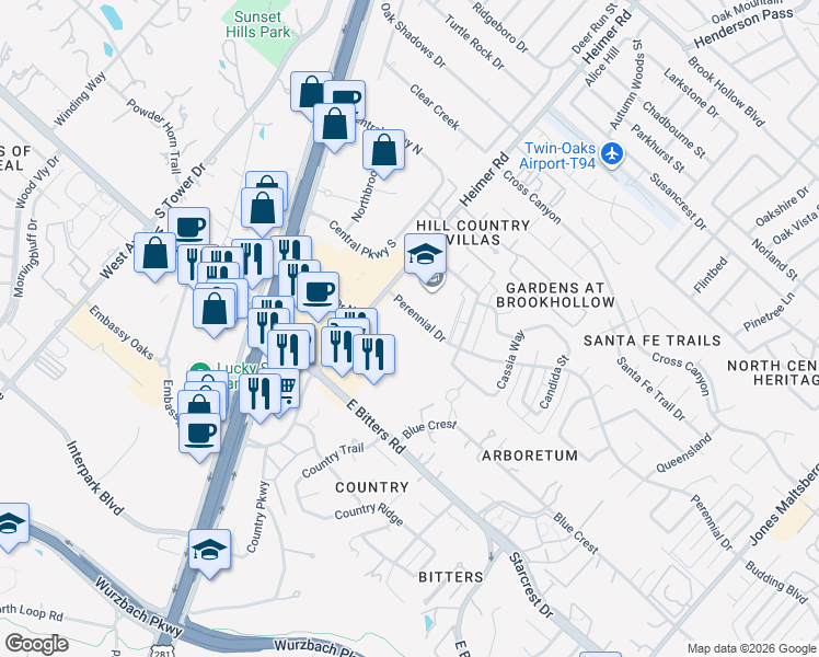 map of restaurants, bars, coffee shops, grocery stores, and more near 235 Perennial Drive in San Antonio