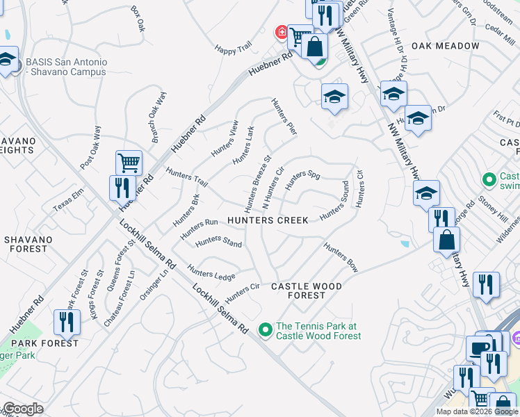 map of restaurants, bars, coffee shops, grocery stores, and more near 13074 North Hunters Circle in San Antonio