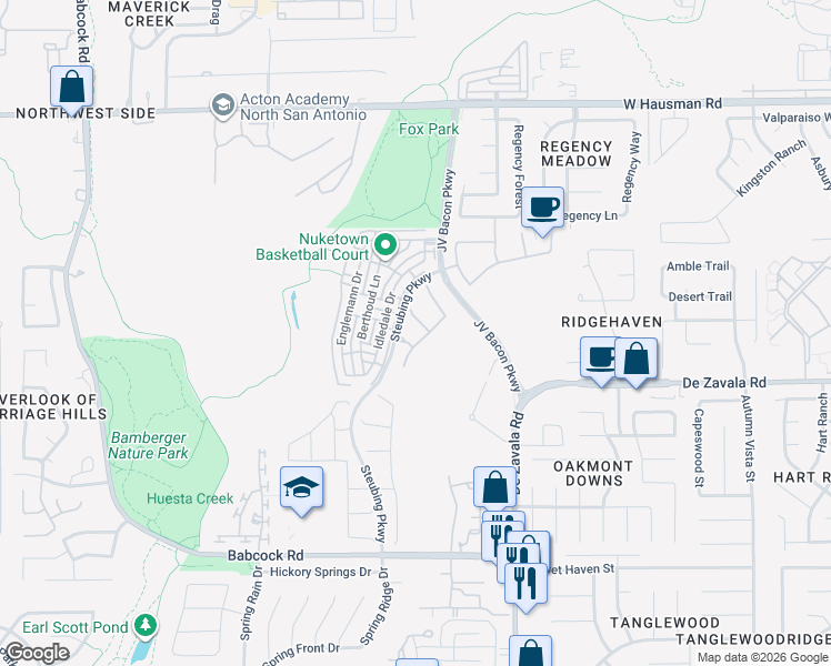 map of restaurants, bars, coffee shops, grocery stores, and more near 6622 Gentry Farm in San Antonio