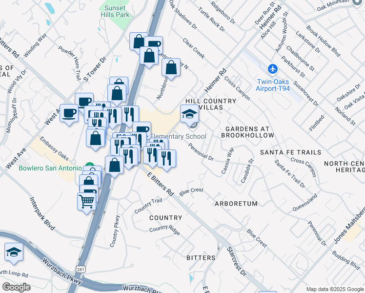 map of restaurants, bars, coffee shops, grocery stores, and more near 235 Perennial Drive in San Antonio