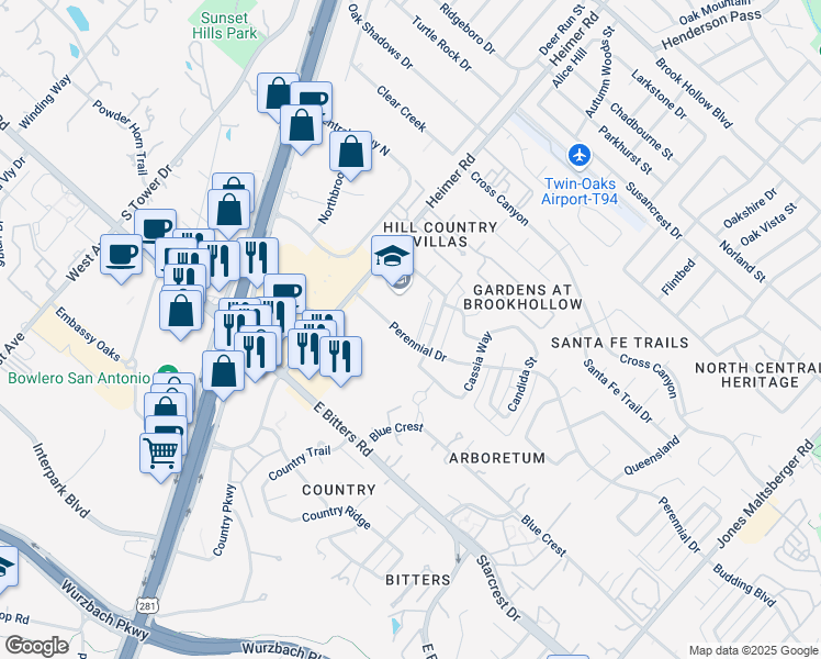 map of restaurants, bars, coffee shops, grocery stores, and more near 1301 Perennial Drive in San Antonio