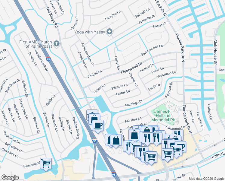 map of restaurants, bars, coffee shops, grocery stores, and more near 22 Fillmore Lane in Palm Coast