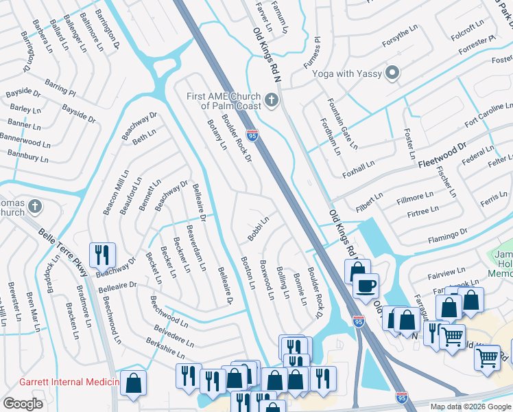 map of restaurants, bars, coffee shops, grocery stores, and more near 8 Bowman Place in Palm Coast