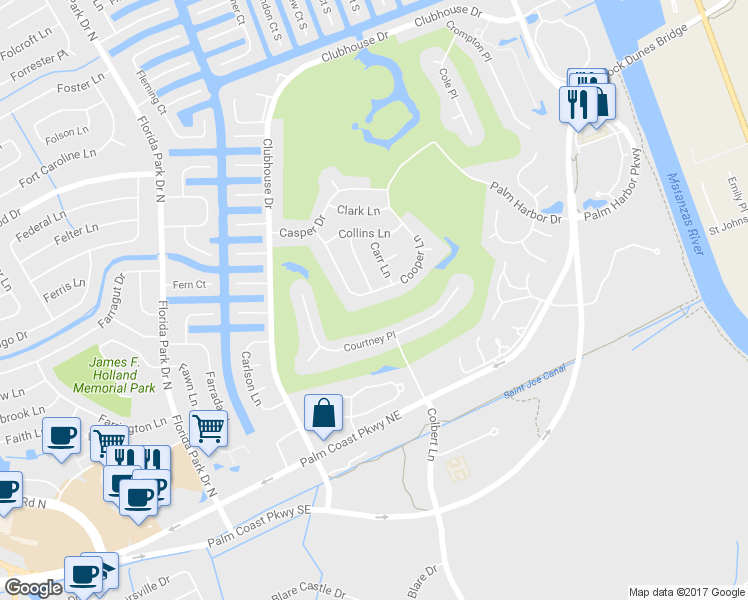 map of restaurants, bars, coffee shops, grocery stores, and more near 32 Cooper Lane in Palm Coast