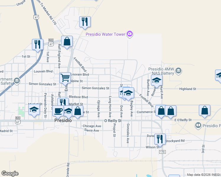map of restaurants, bars, coffee shops, grocery stores, and more near Long Horn Avenue in Presidio