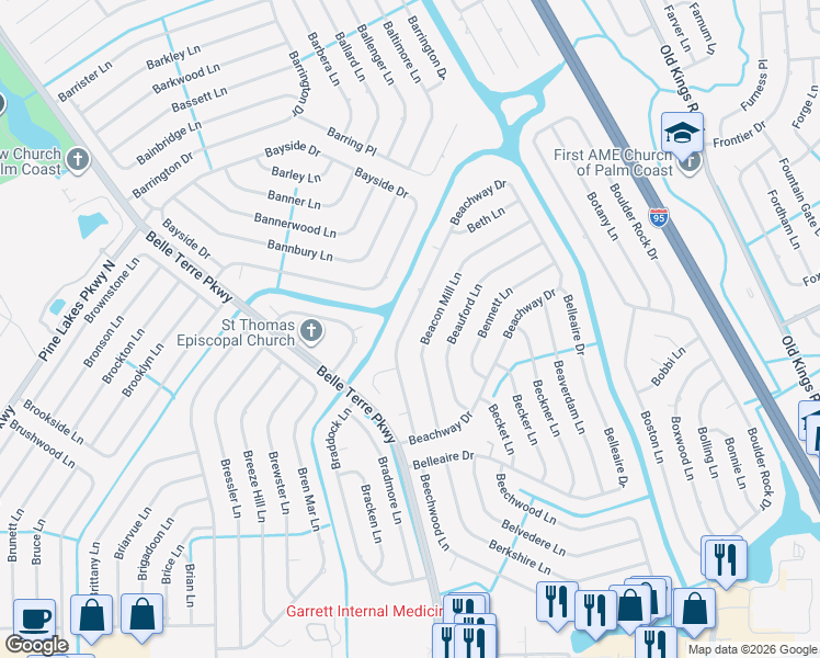 map of restaurants, bars, coffee shops, grocery stores, and more near 271 Beachway Drive in Palm Coast