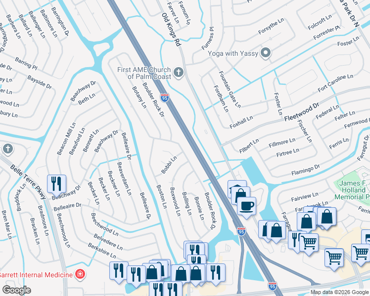 map of restaurants, bars, coffee shops, grocery stores, and more near 92 Boulder Rock Drive in Palm Coast