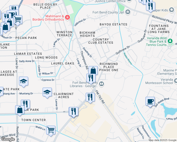 map of restaurants, bars, coffee shops, grocery stores, and more near 2001 Thompson Road in Richmond