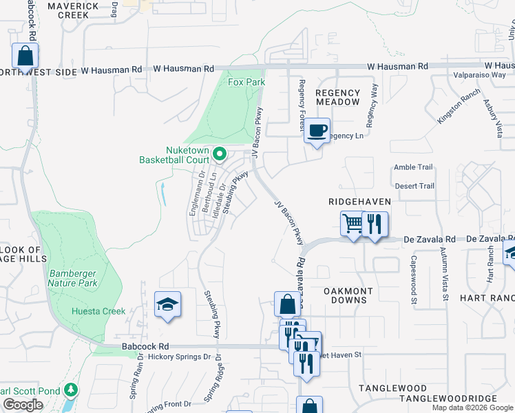 map of restaurants, bars, coffee shops, grocery stores, and more near 12914 Fairview Farm in San Antonio