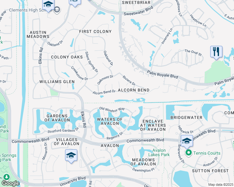 map of restaurants, bars, coffee shops, grocery stores, and more near 3707 Alcorn Bend Drive in Sugar Land