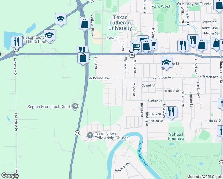 map of restaurants, bars, coffee shops, grocery stores, and more near 503 Volunteer Street in Seguin