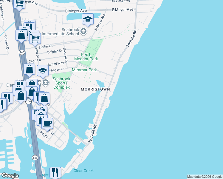 map of restaurants, bars, coffee shops, grocery stores, and more near 2006 Todville Road in Seabrook