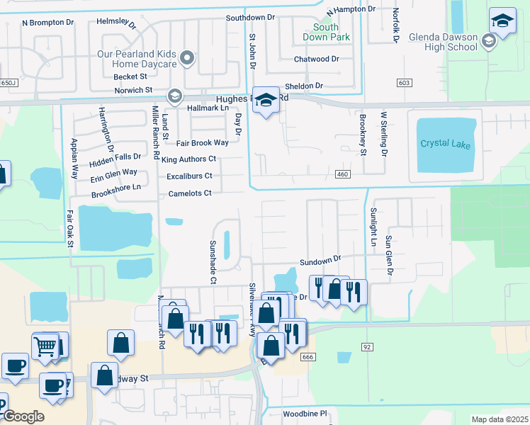 map of restaurants, bars, coffee shops, grocery stores, and more near 9503 Sundance Drive in Pearland