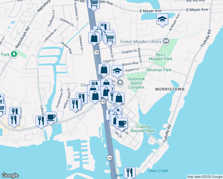 map of restaurants, bars, coffee shops, grocery stores, and more near 1305 Anders Avenue in Seabrook