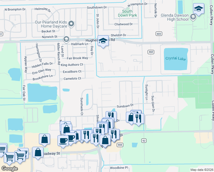 map of restaurants, bars, coffee shops, grocery stores, and more near 9503 Sundance Drive in Pearland