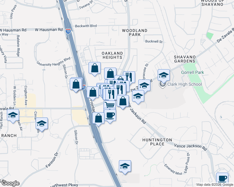 map of restaurants, bars, coffee shops, grocery stores, and more near 5221 De Zavala Road in San Antonio