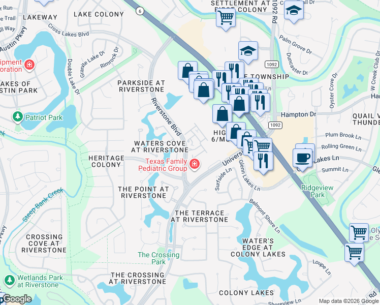 map of restaurants, bars, coffee shops, grocery stores, and more near 4335 Lake Run Drive in Missouri City