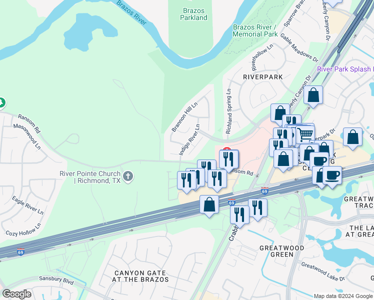 map of restaurants, bars, coffee shops, grocery stores, and more near 3234 Brook Arbor Lane in Sugar Land