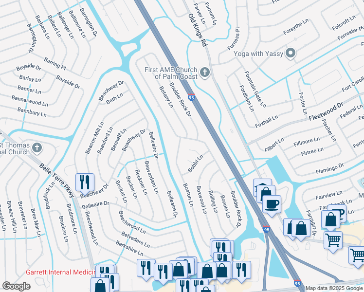 map of restaurants, bars, coffee shops, grocery stores, and more near 74 Boston Lane in Palm Coast