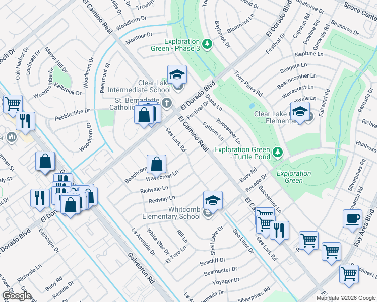 map of restaurants, bars, coffee shops, grocery stores, and more near 943 Beachcomber Lane in Houston