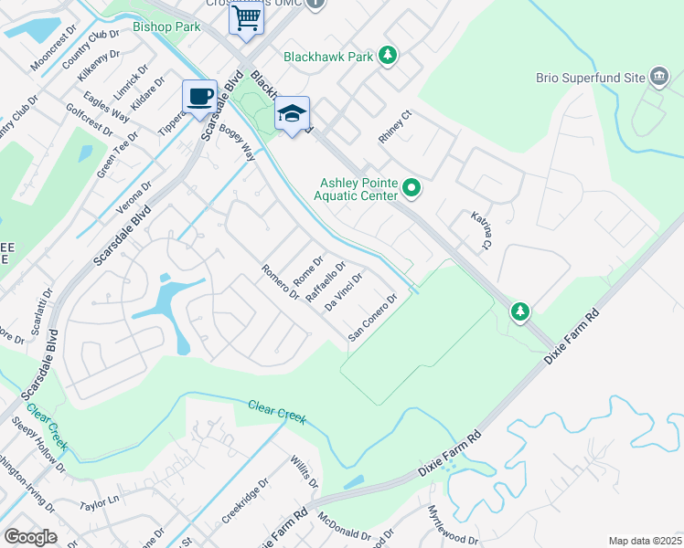 map of restaurants, bars, coffee shops, grocery stores, and more near 2305 Raffaello Drive in Pearland