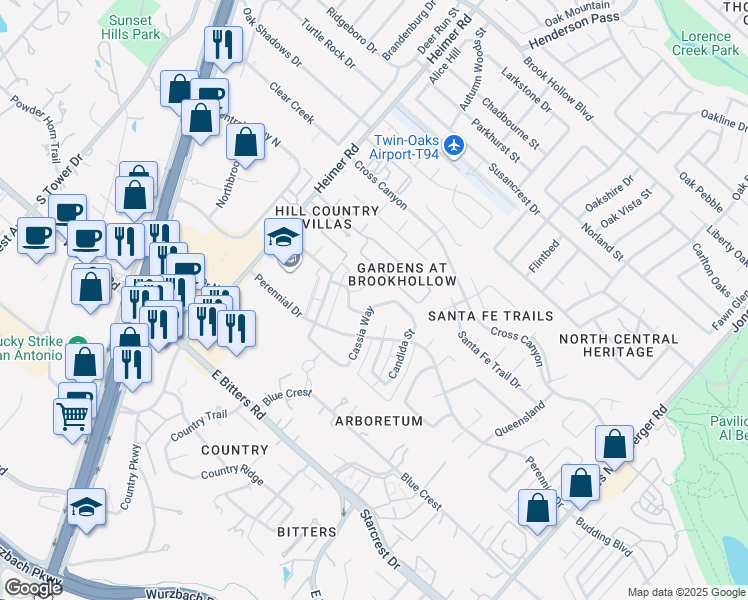 map of restaurants, bars, coffee shops, grocery stores, and more near 13511 Cassia Way in San Antonio