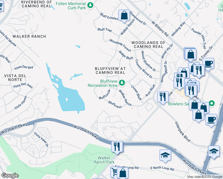 map of restaurants, bars, coffee shops, grocery stores, and more near 13715 Bluffcircle in San Antonio