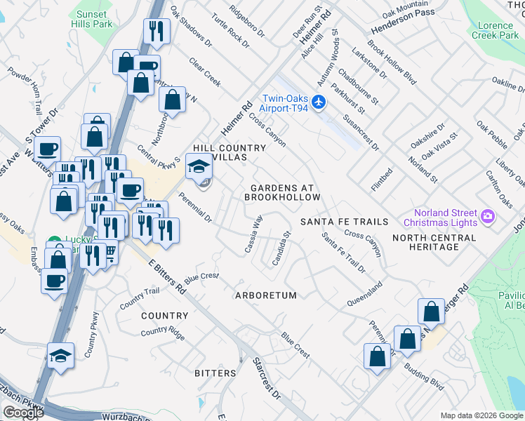 map of restaurants, bars, coffee shops, grocery stores, and more near 13511 Cassia Way in San Antonio